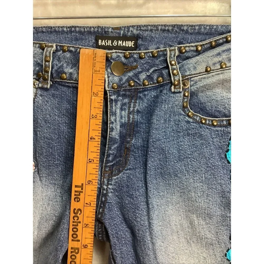 Vintage Basil & Maude Embroidered And Rivited Blue Jeans Size 2 lowrise stretch